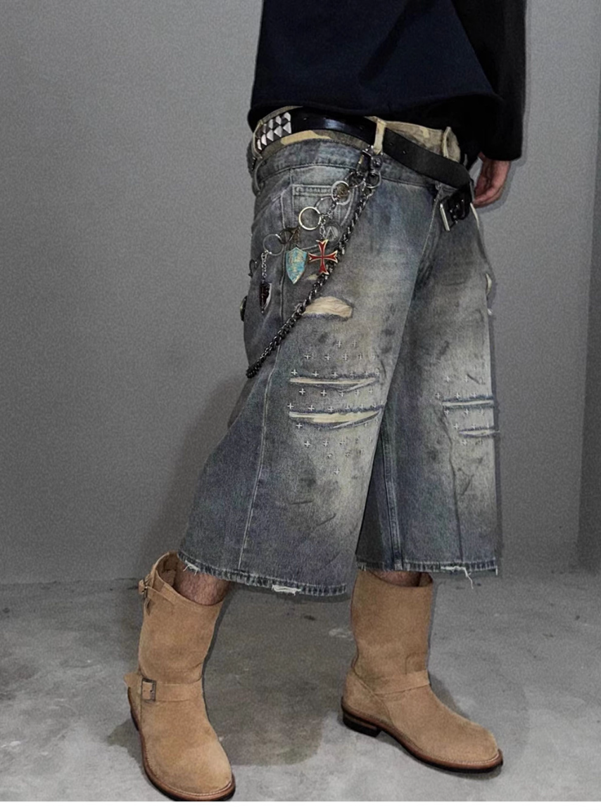 Cross-Stitch Washed Denim Shorts