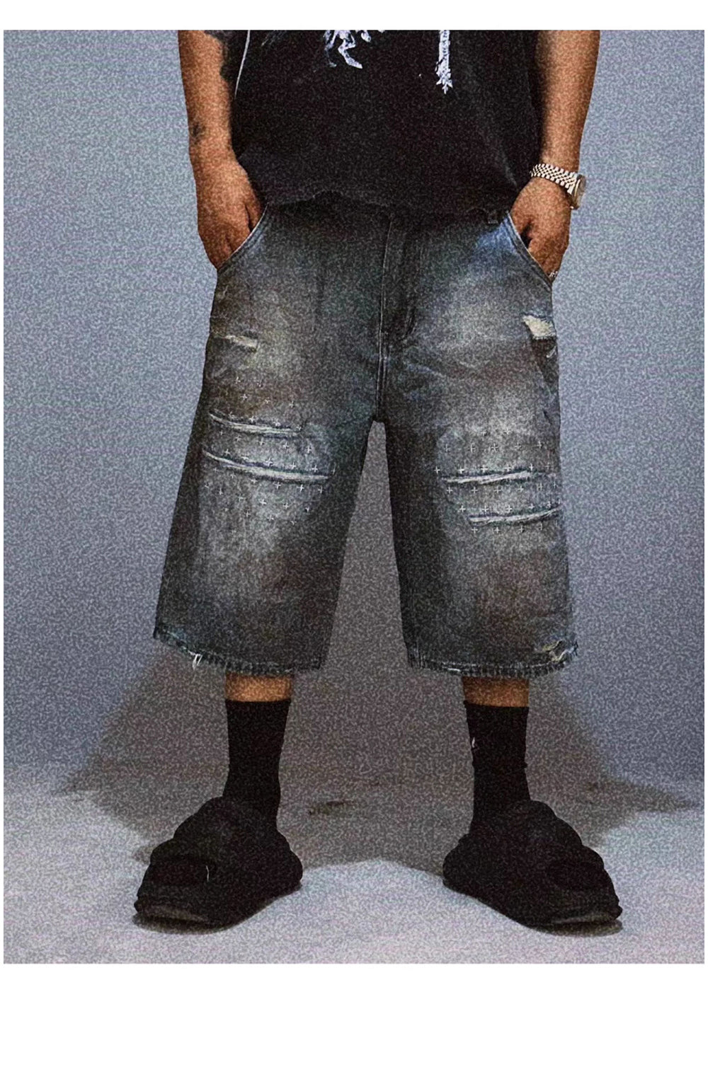 Cross-Stitch Washed Denim Shorts