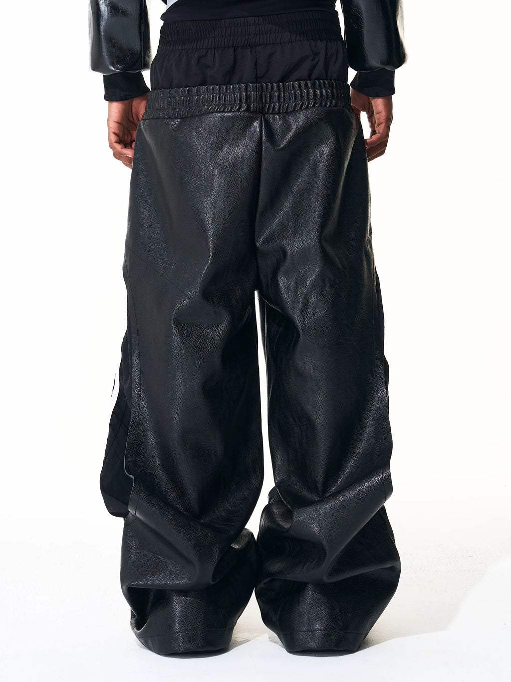 Two Tone Double Waist Wide Leg Leather Pants　