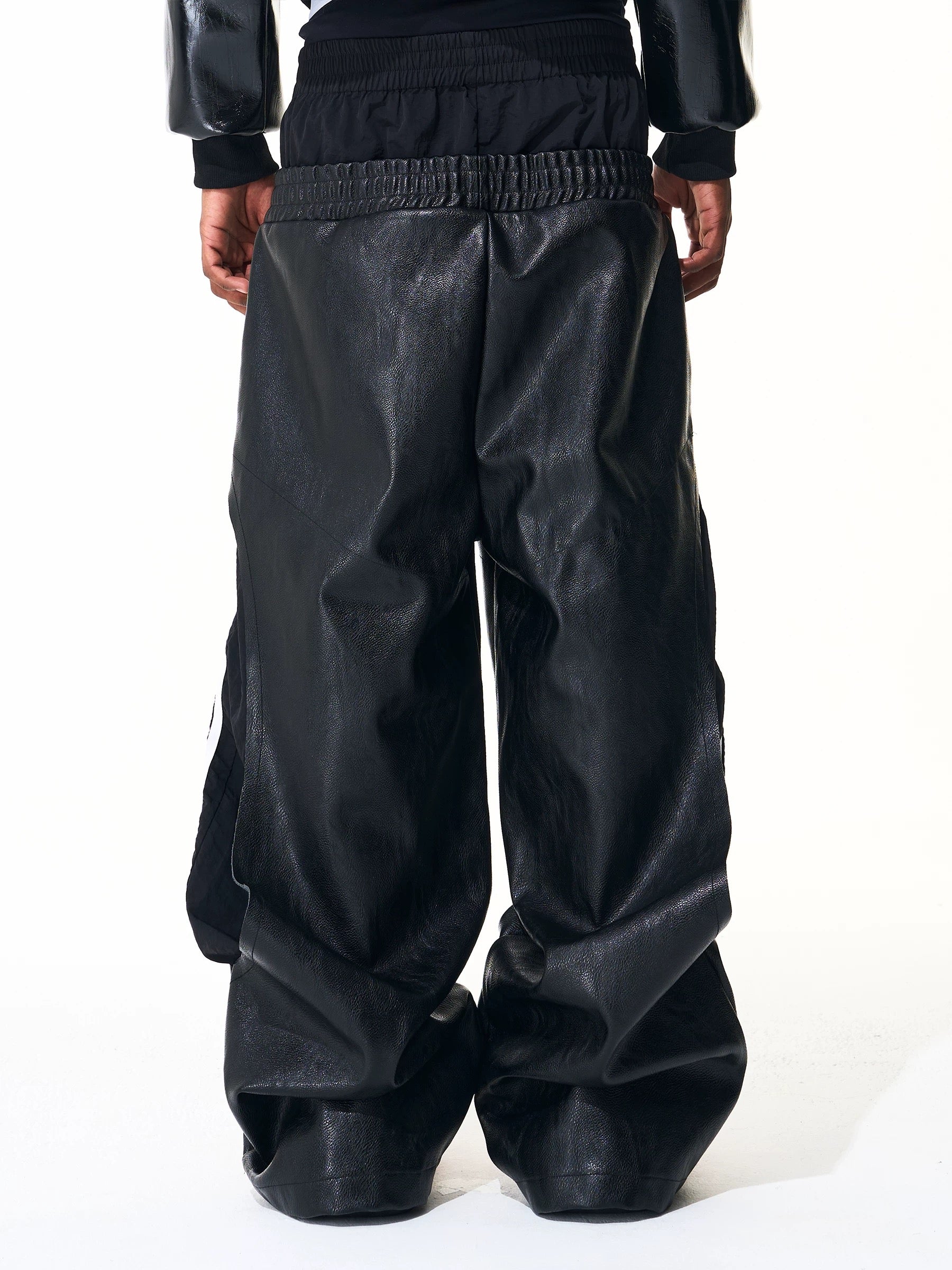 Two Tone Double Waist Wide Leg Leather Pants　