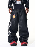 Two Tone Double Waist Wide Leg Leather Pants　