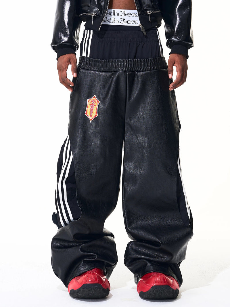 Two Tone Double Waist Wide Leg Leather Pants　