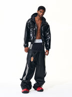 Two Tone Double Waist Wide Leg Leather Pants　