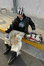 Airplane Button Distressed Leather Jacket