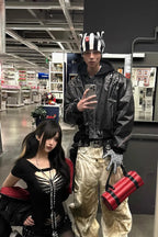 Airplane Button Distressed Leather Jacket