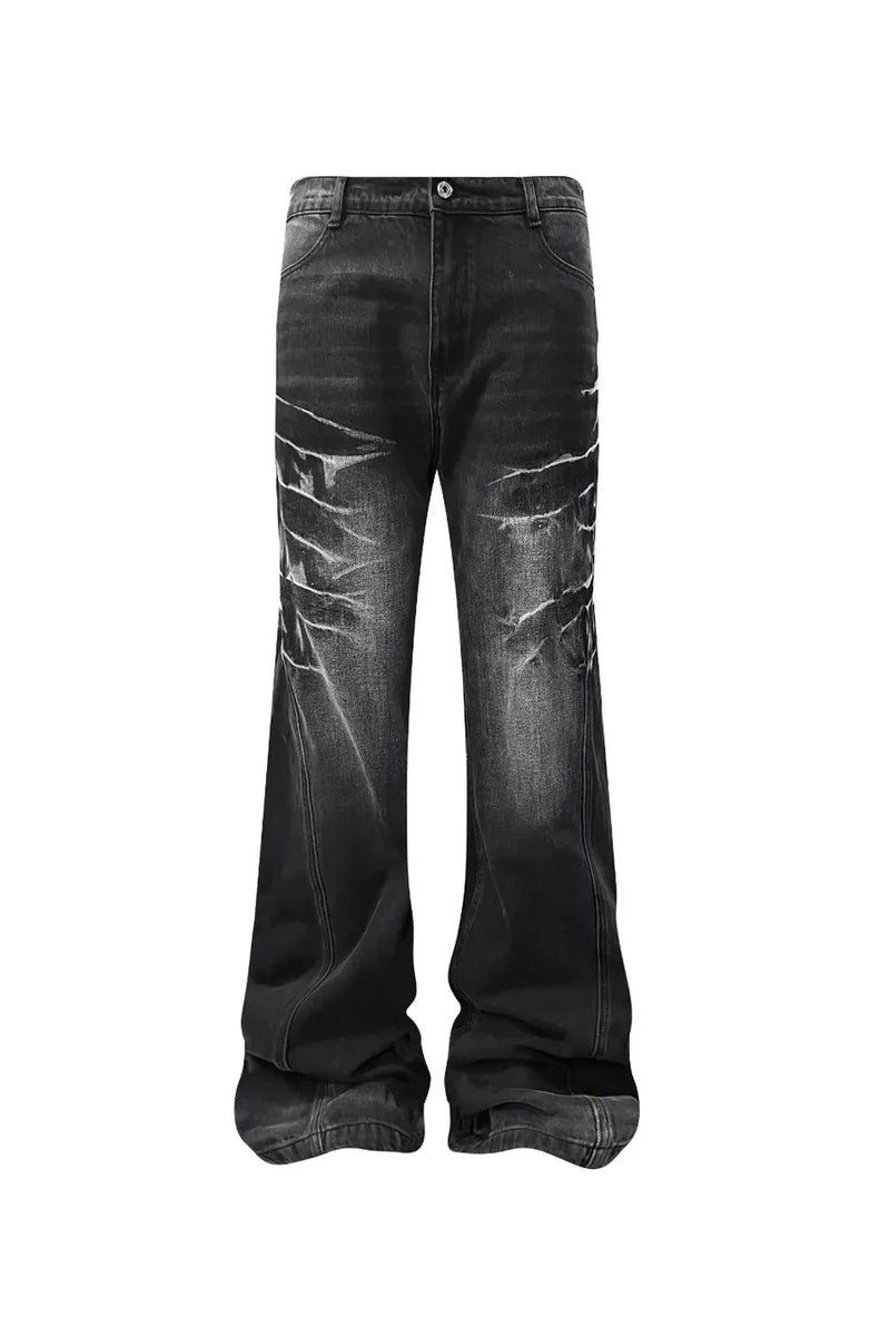 Cracked Whiskers Distressed Wash Flare Denim Pants