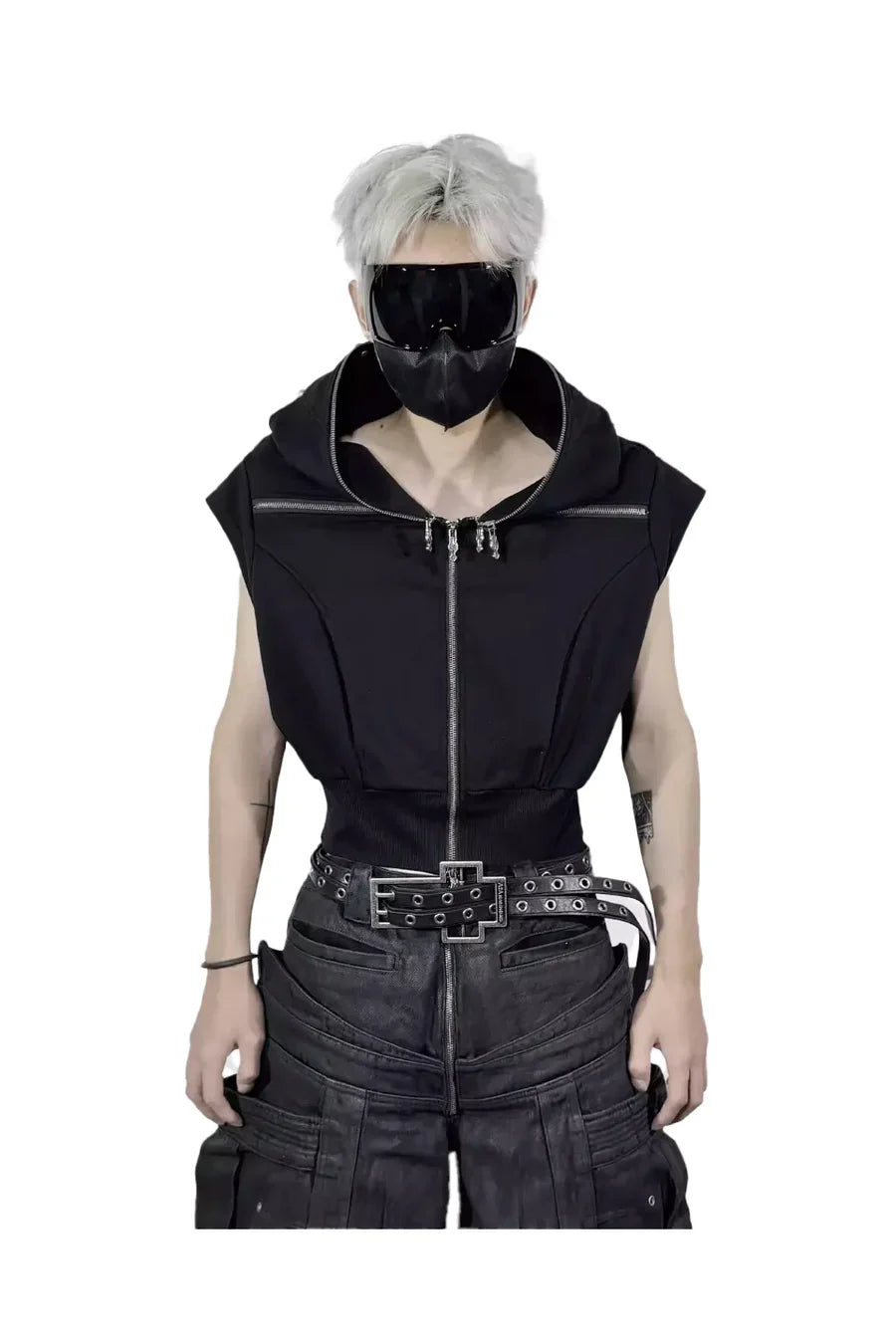 Cross Zip Connected Shoulder Armor Hoodie