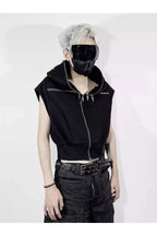 Cross Zip Connected Shoulder Armor Hoodie