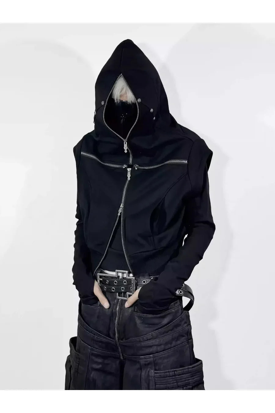 Cross Zip Connected Shoulder Armor Hoodie