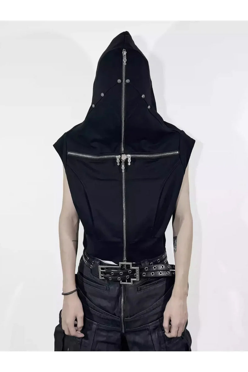 Cross Zip Connected Shoulder Armor Hoodie