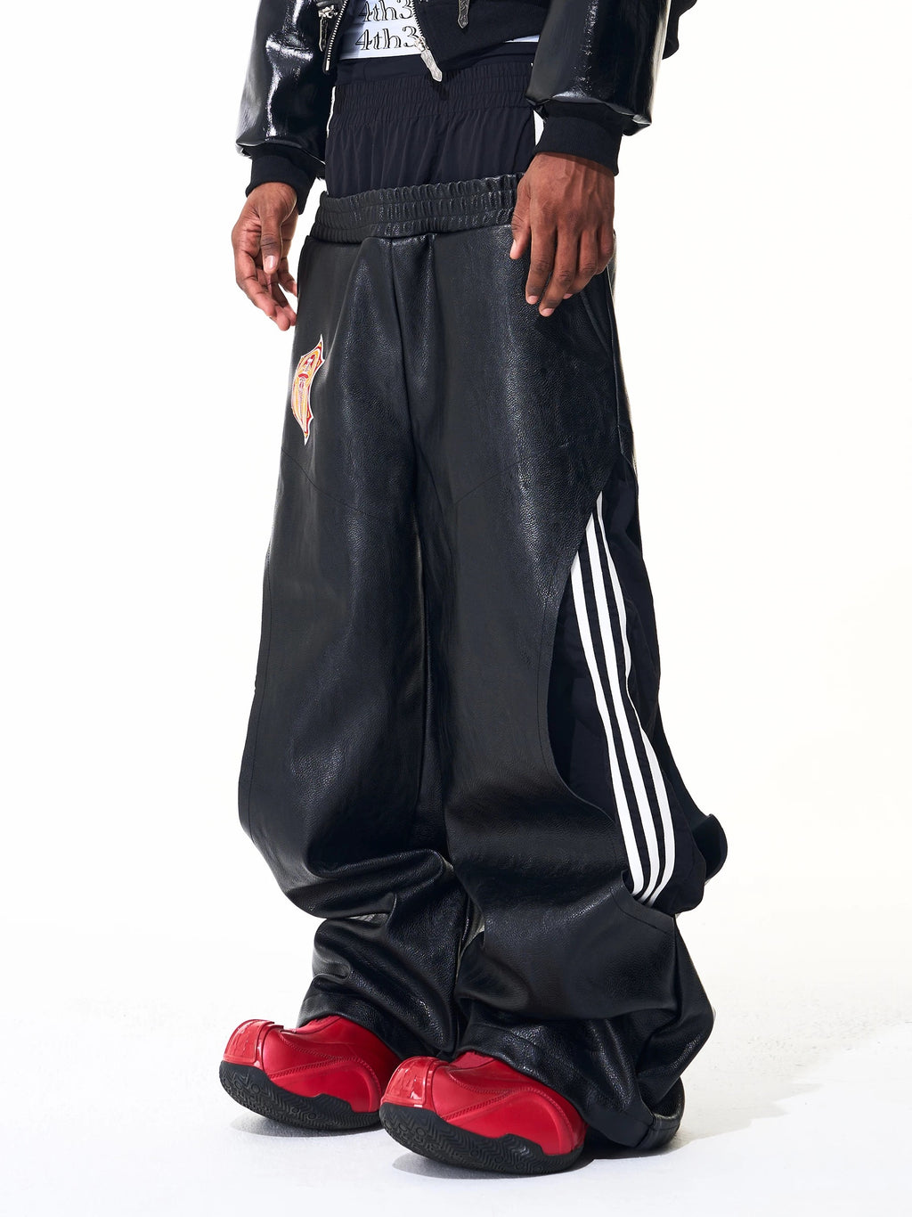 Two Tone Double Waist Wide Leg Leather Pants　