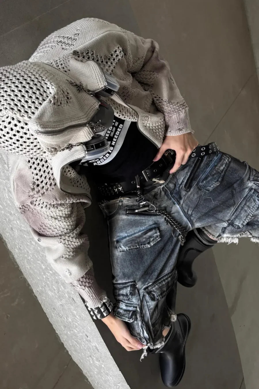 Dark Avant Garde Openwork Knit Hoodie