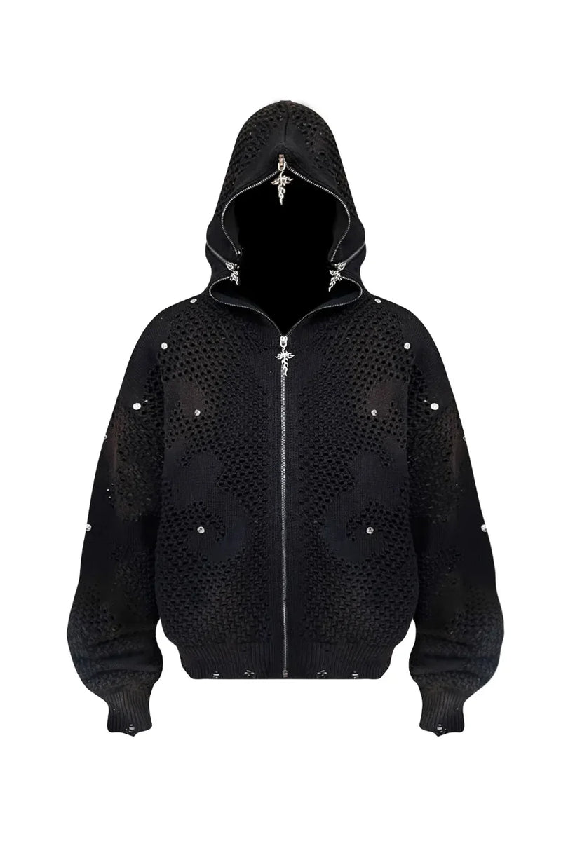 Dark Avant Garde Openwork Knit Hoodie