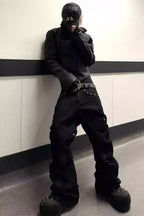 Dark and Avantc Garde Flare Wax Double Zipper Motorcycle Pants