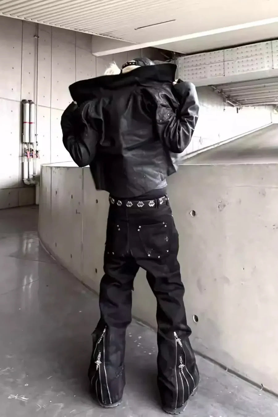Dark and Avantc Garde Flare Wax Double Zipper Motorcycle Pants