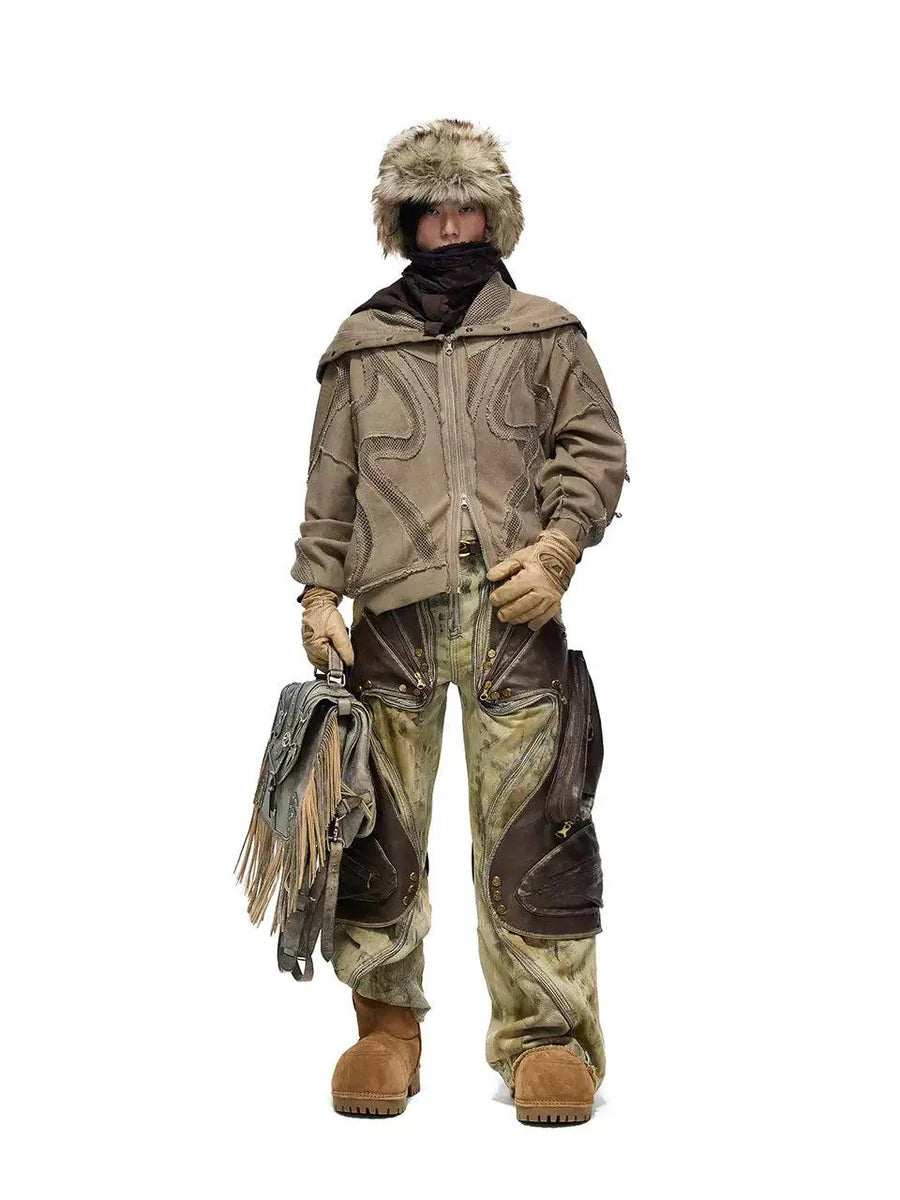 detachable leather panel oxidized jeans