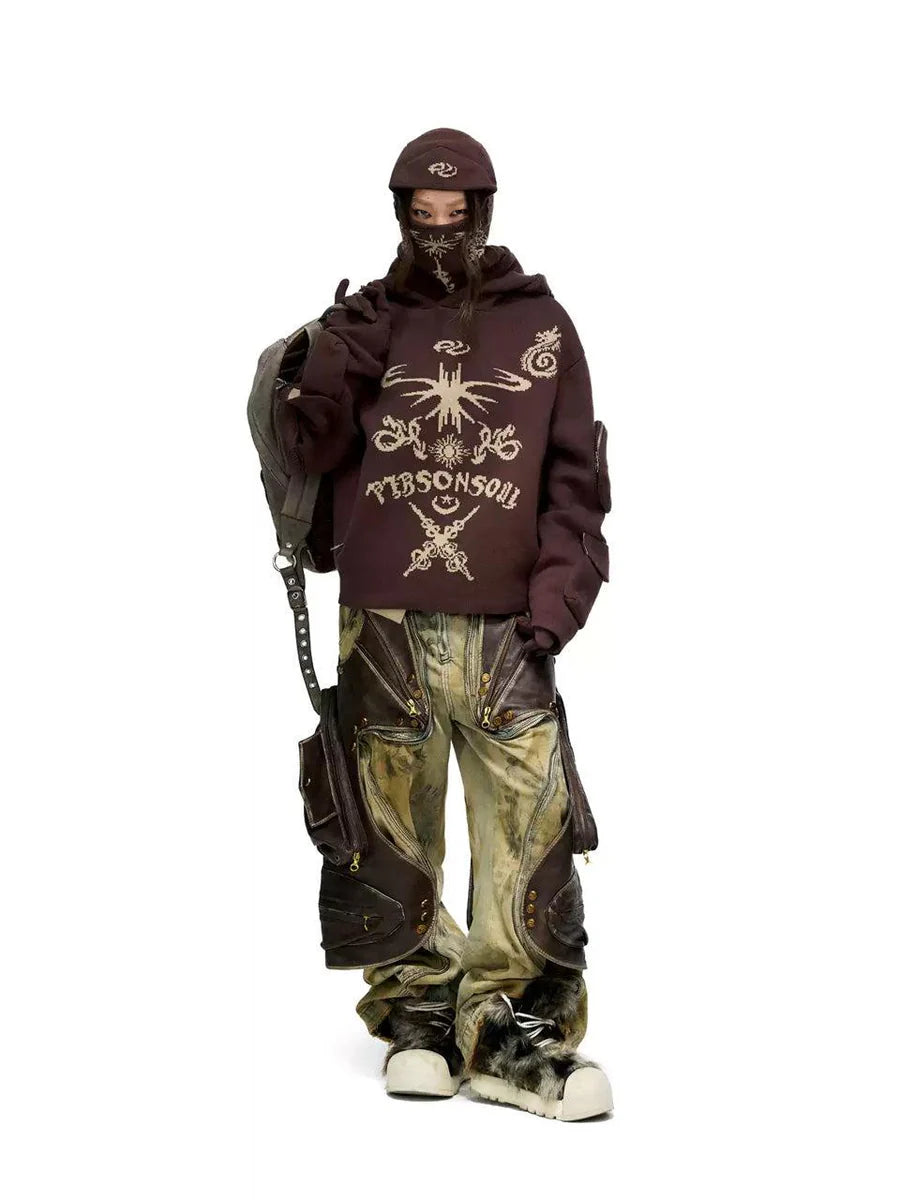 detachable leather panel oxidized jeans