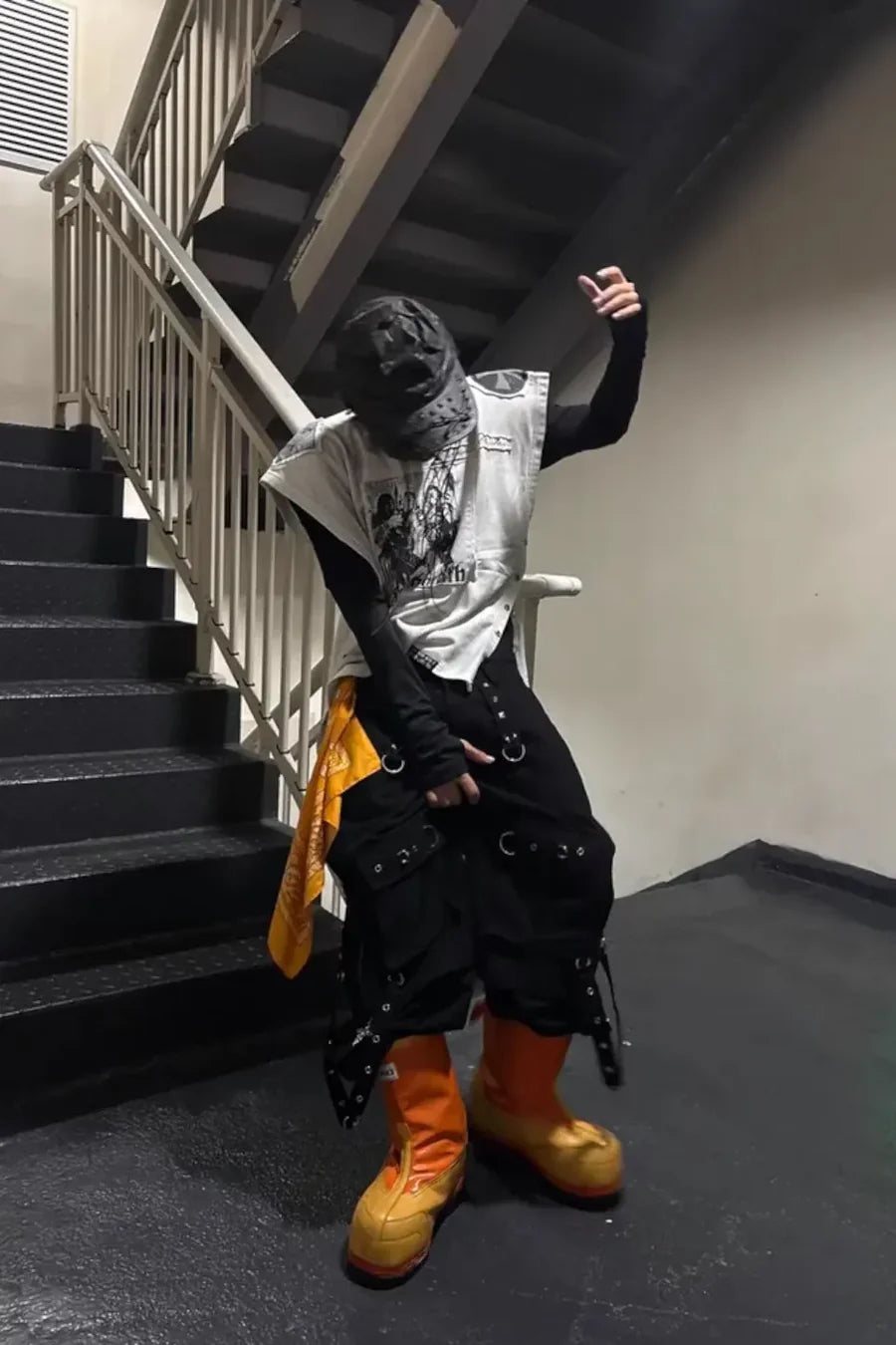 Double Layered Tie Up Cargo Pants with Studs & Chain