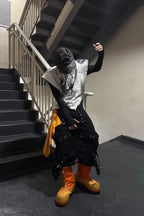 Double Layered Tie Up Cargo Pants with Studs & Chain