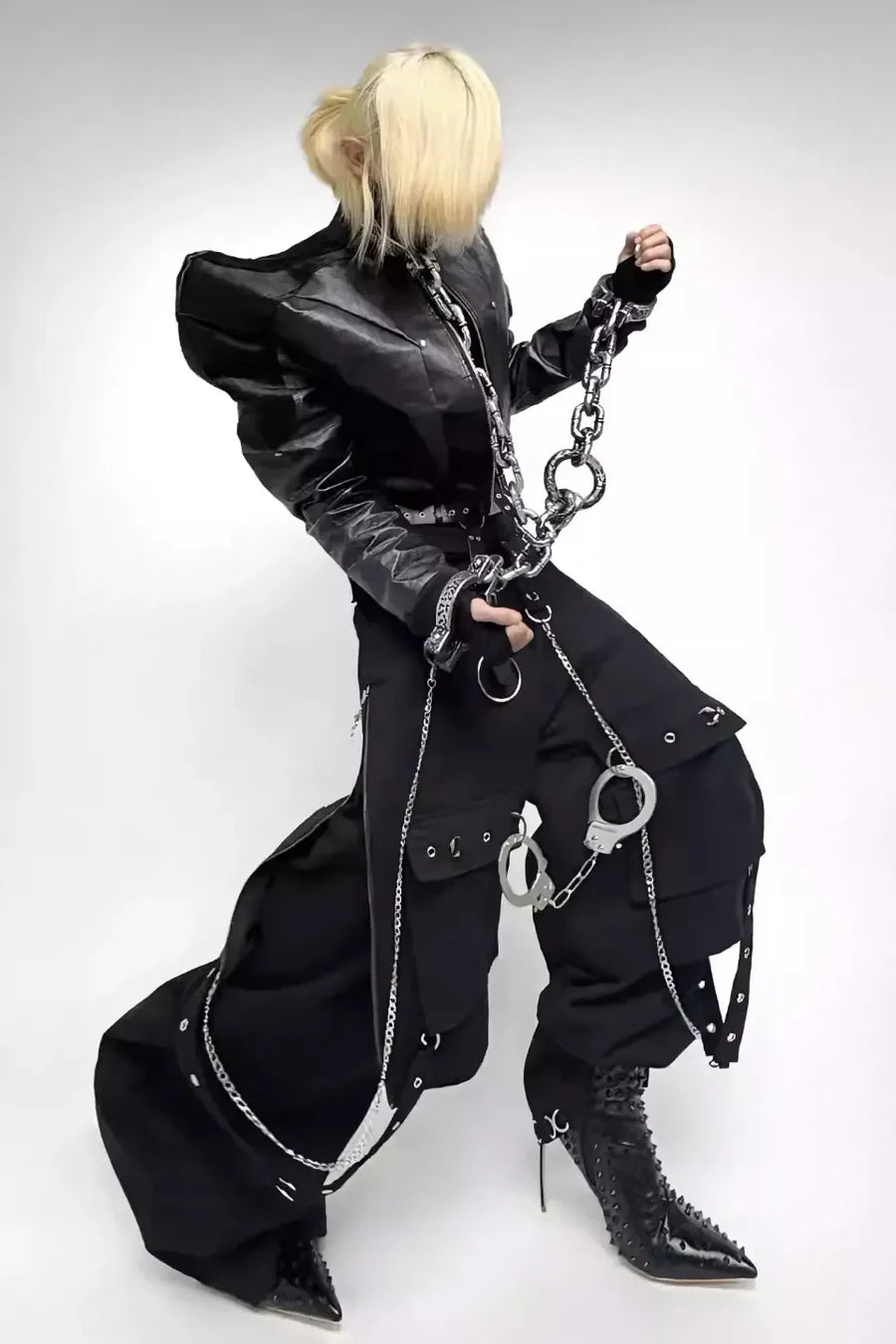 Double Layered Tie Up Cargo Pants with Studs & Chain