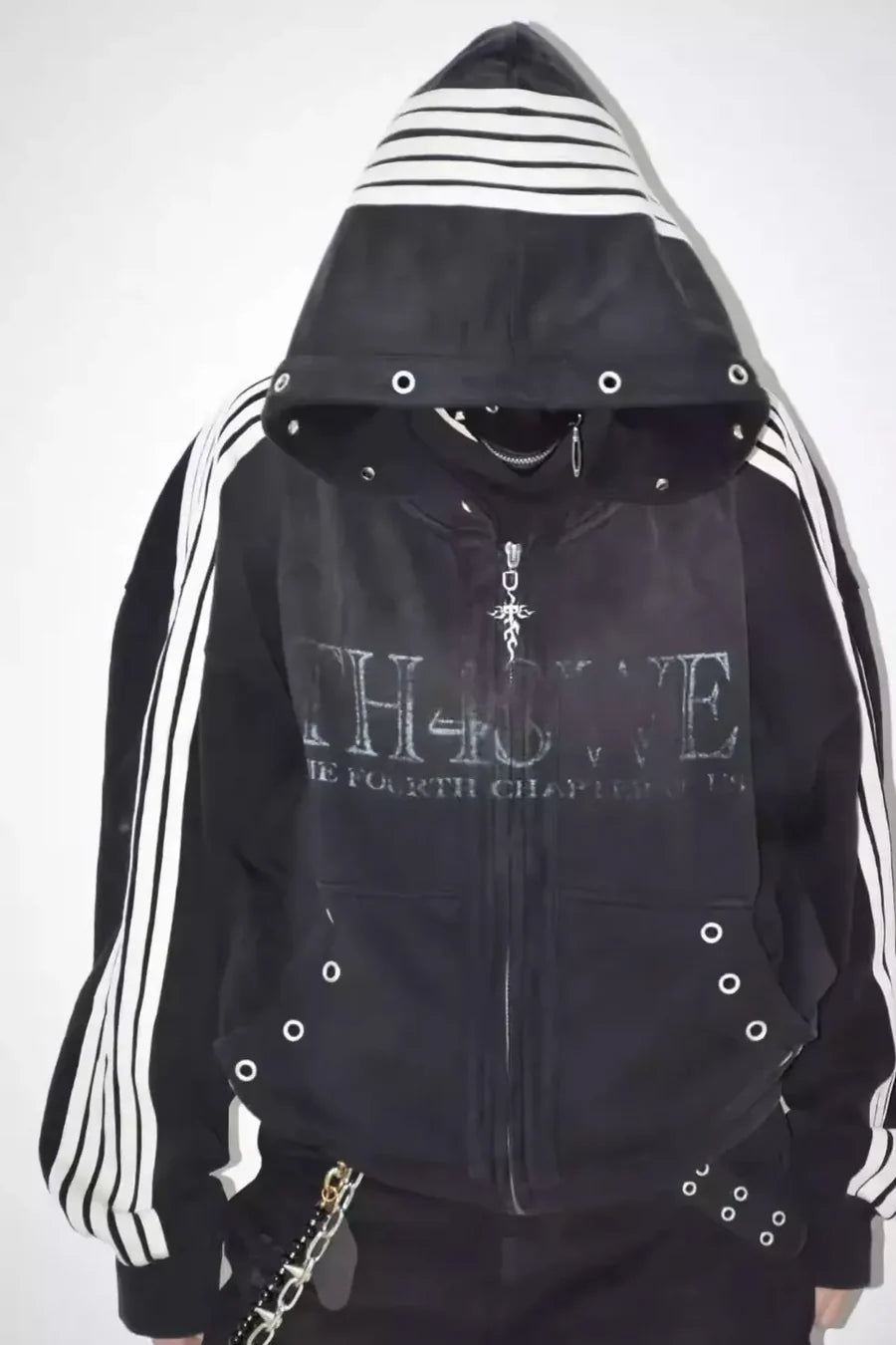 Five Webbing Stripes Distressed Wash and Zipper Cropped Hoodie