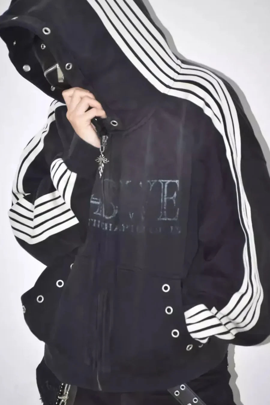 Five Webbing Stripes Distressed Wash and Zipper Cropped Hoodie