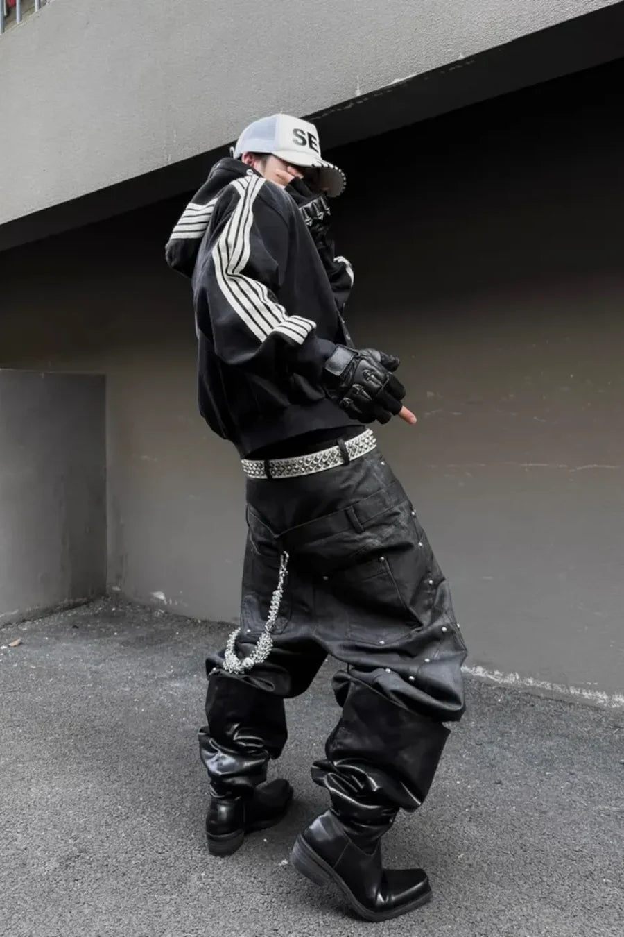 Five Webbing Stripes Distressed Wash and Zipper Cropped Hoodie