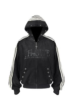 Five Webbing Stripes Distressed Wash and Zipper Cropped Hoodie