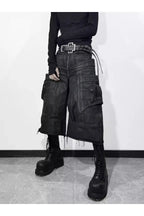 Frayed Hem Metallic Sheen Shorts with Structural Stitching