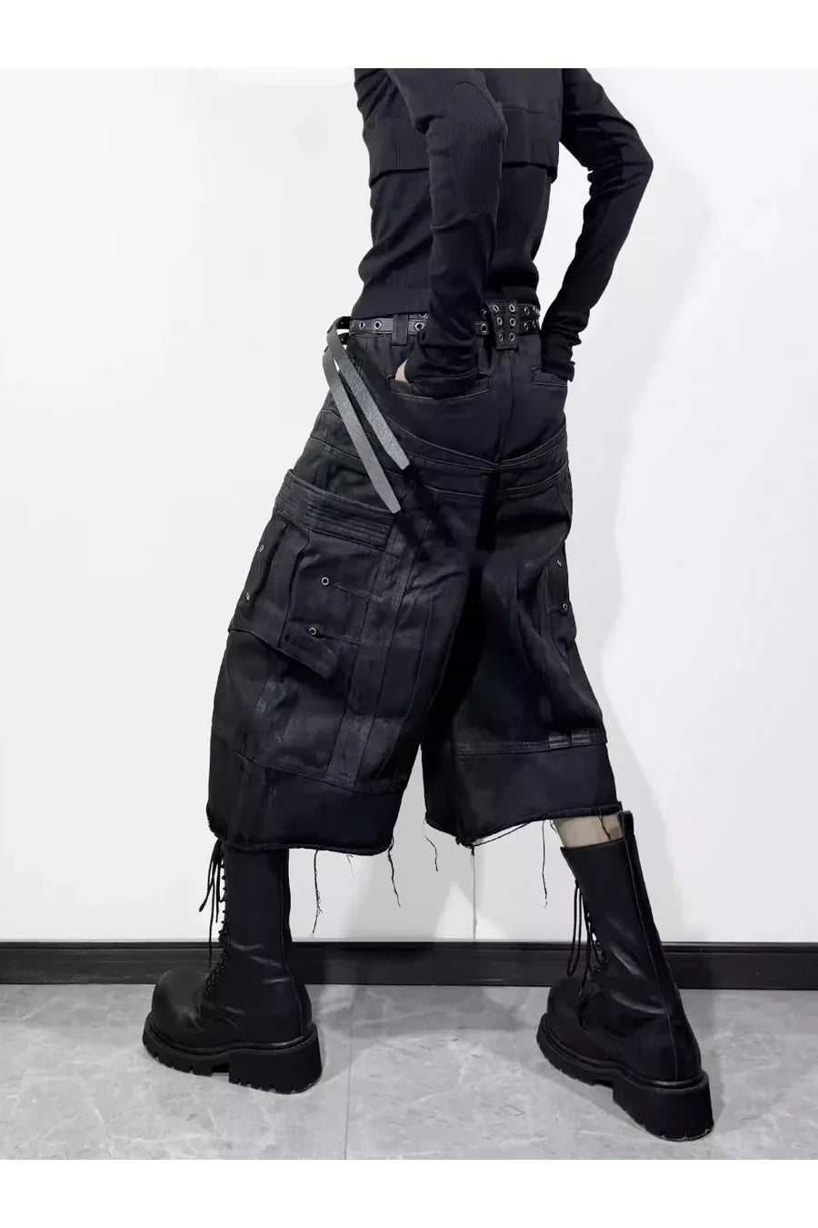 Frayed Hem Metallic Sheen Shorts with Structural Stitching