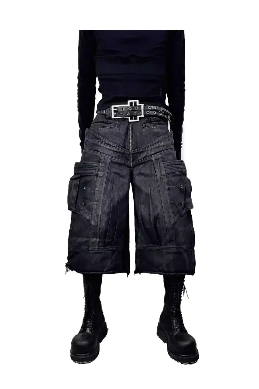 Frayed Hem Metallic Sheen Shorts with Structural Stitching