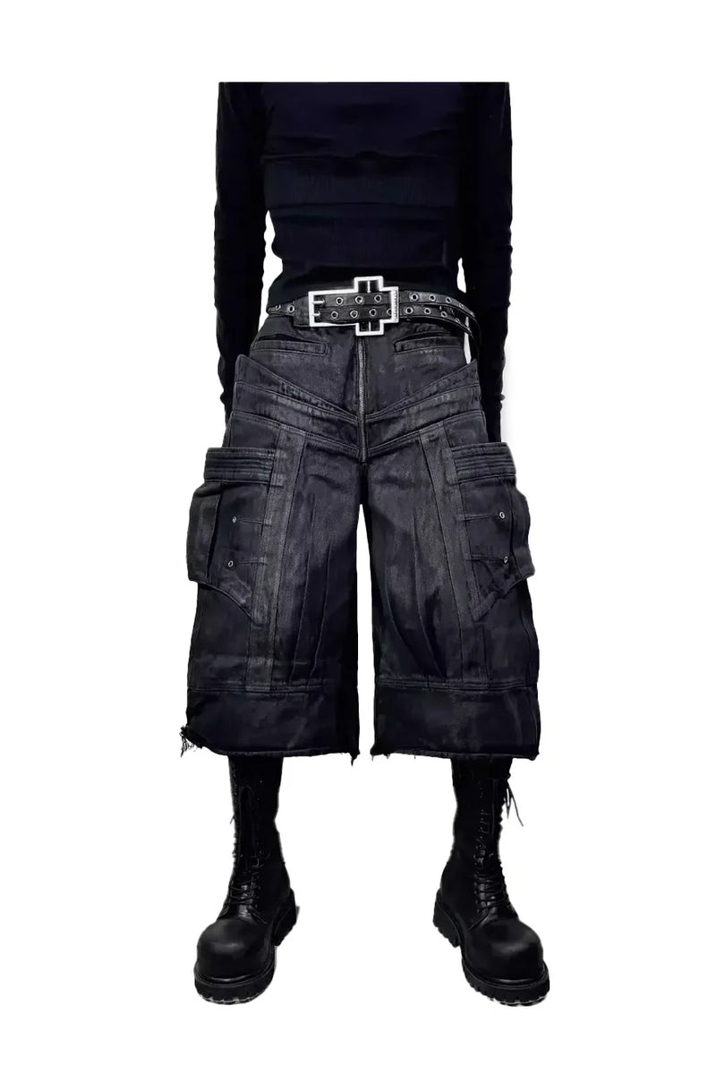 Frayed Hem Metallic Sheen Shorts with Structural Stitching