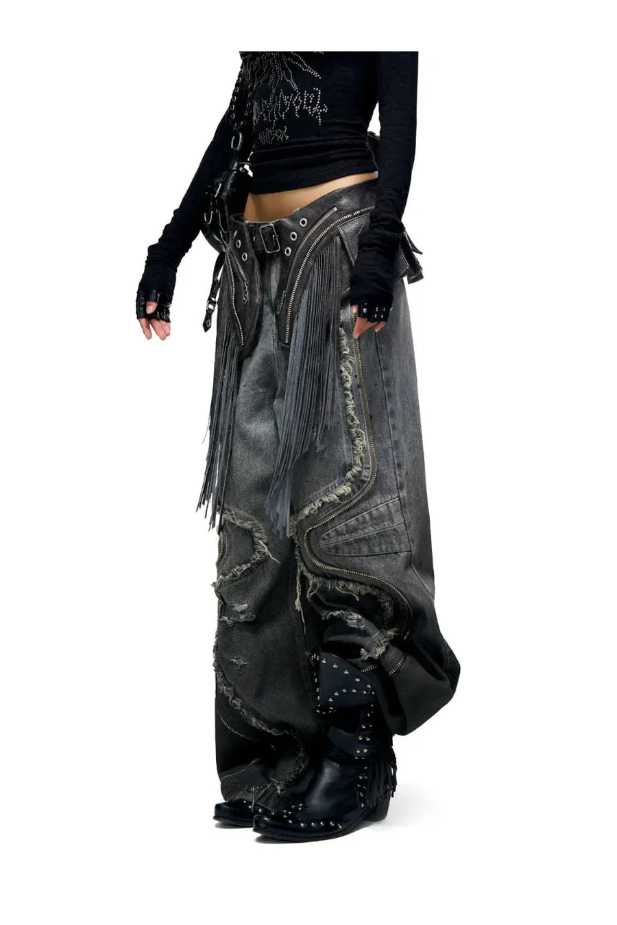 fringed belt raw edge jeans