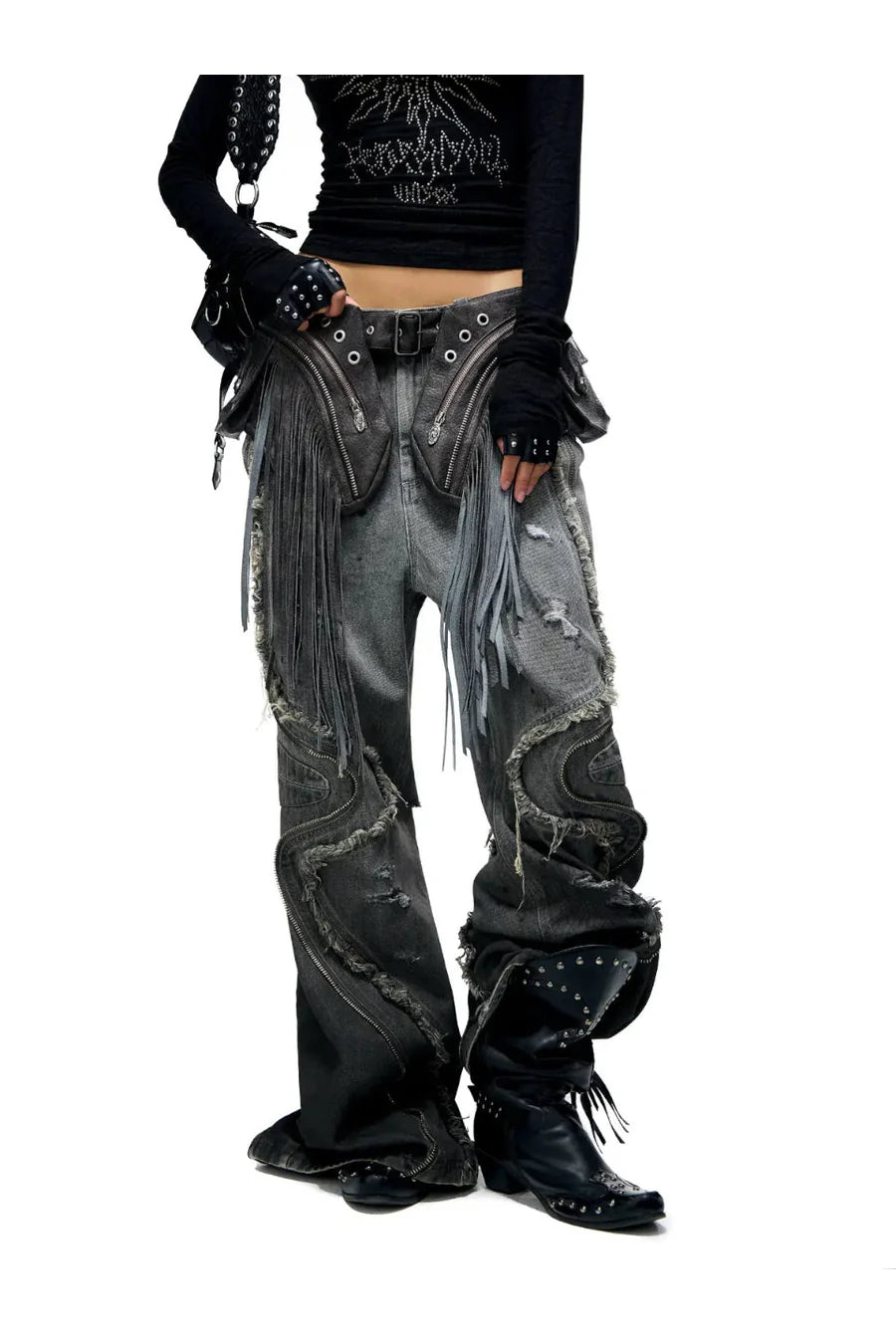 fringed belt raw edge jeans