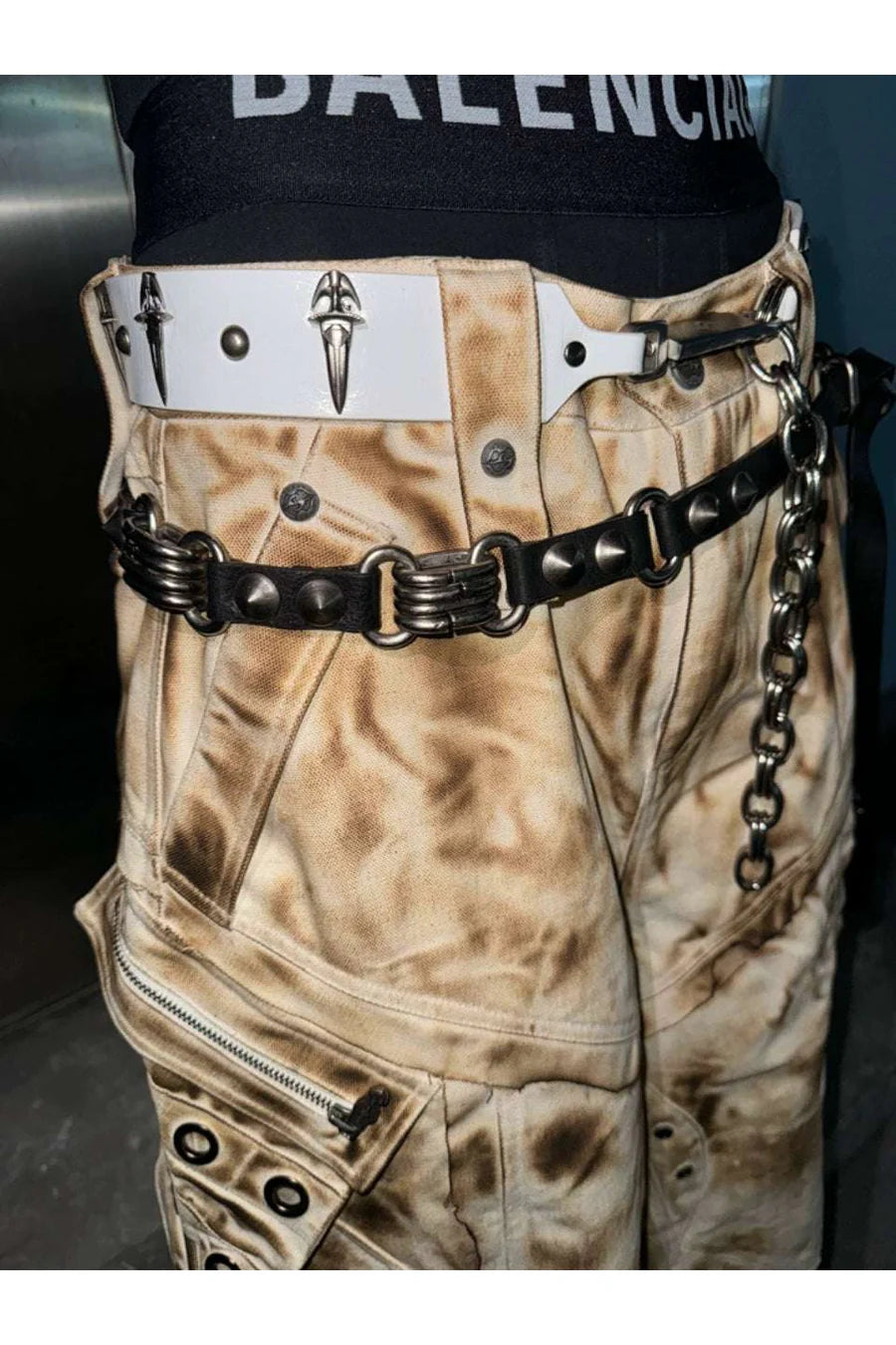 Genuine Leather Chain Studded Sword Buckle Belt