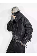Heavy Texture Hooded Fur Collar Shirred Leather Jacket