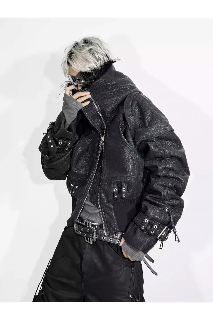 Heavy Texture Hooded Fur Collar Shirred Leather Jacket