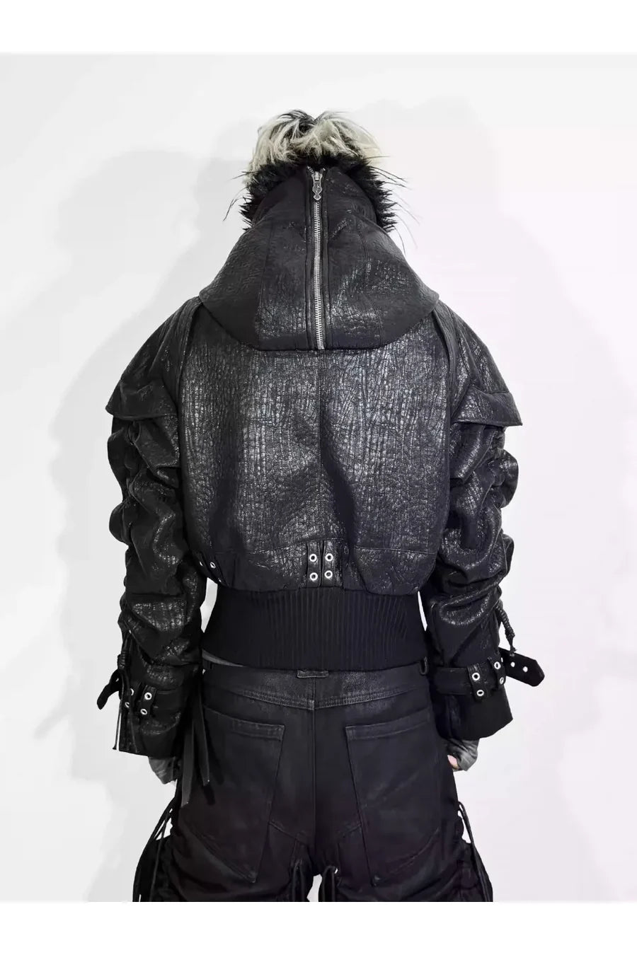 Heavy Texture Hooded Fur Collar Shirred Leather Jacket