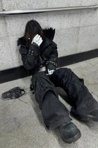 Heavy Texture Hooded Fur Collar Shirred Leather Jacket