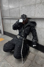 Heavy Texture Hooded Fur Collar Shirred Leather Jacket