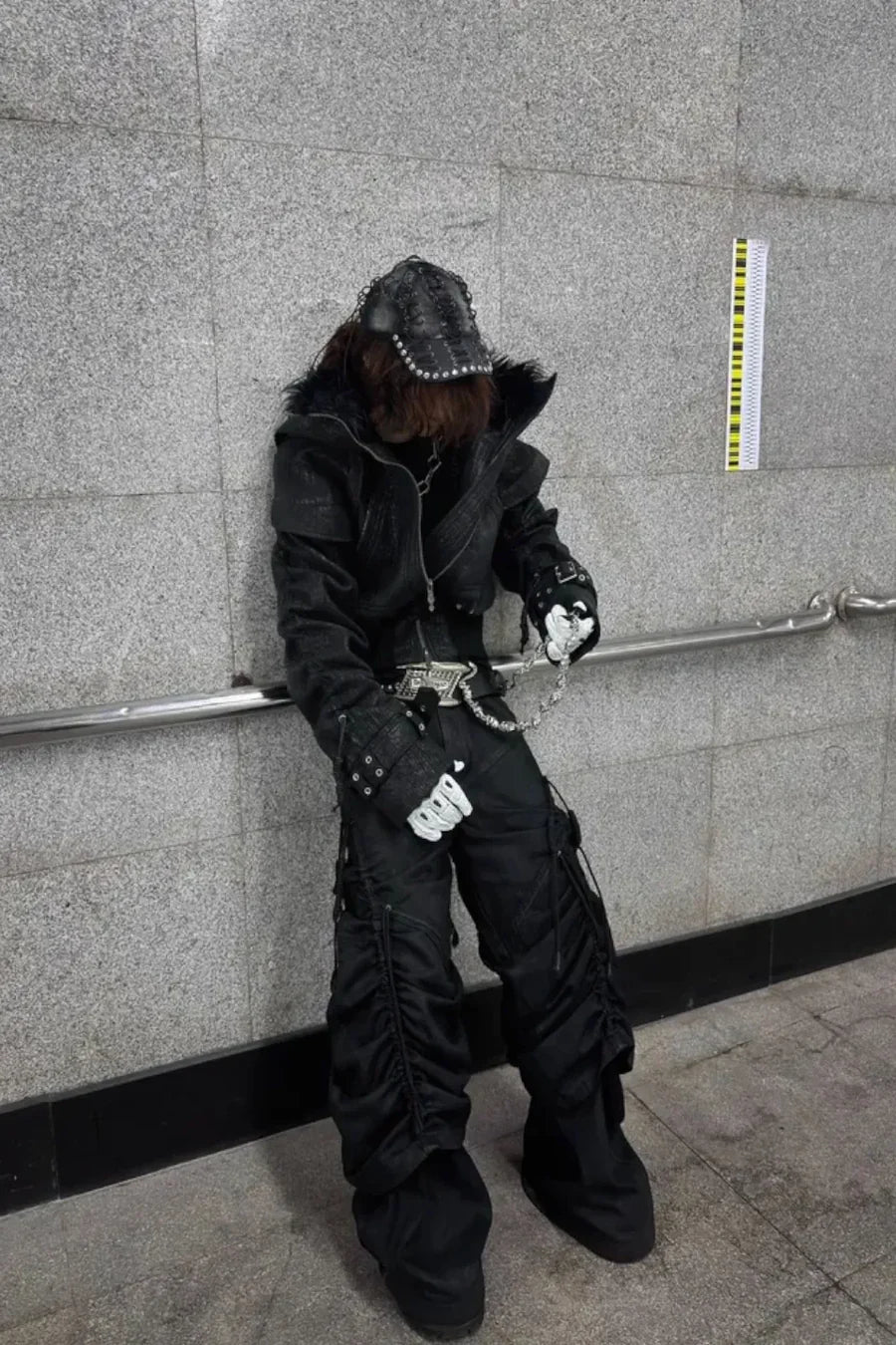 Heavy Texture Hooded Fur Collar Shirred Leather Jacket