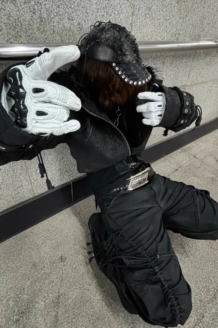 Heavy Texture Hooded Fur Collar Shirred Leather Jacket