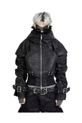 Heavy Texture Hooded Fur Collar Shirred Leather Jacket
