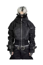 Heavy Texture Hooded Fur Collar Shirred Leather Jacket