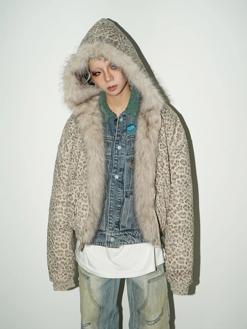 Leopard hoodie fur jacket FB7562