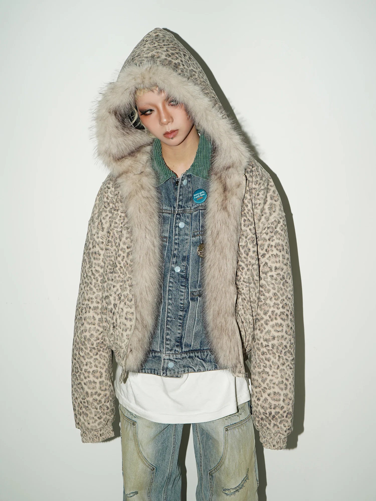 Leopard hoodie fur jacket FB7562