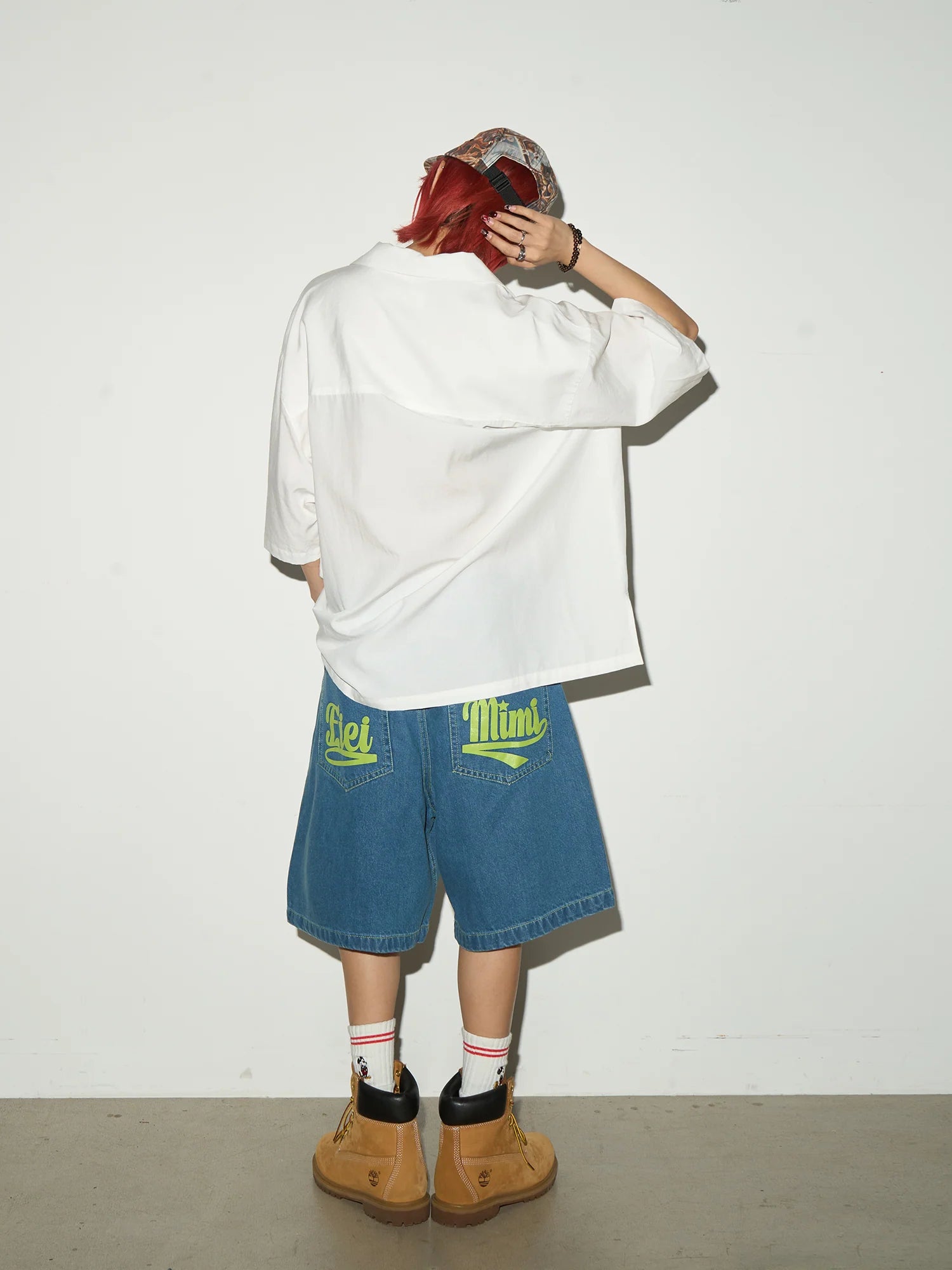 Print design denim shorts