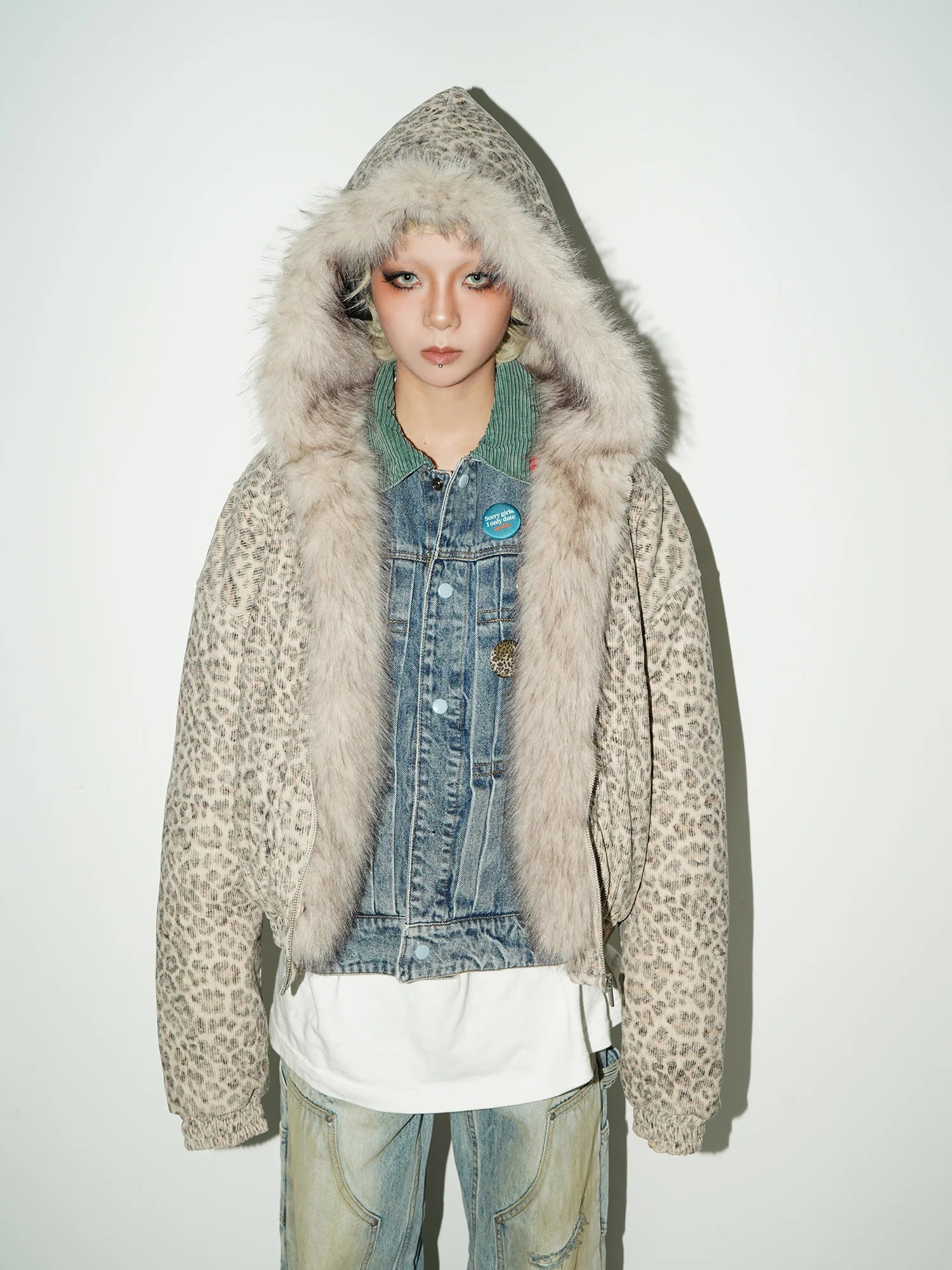 Leopard hoodie fur jacket FB7562