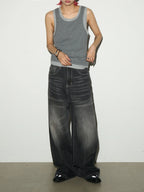 Stitch washed wide denim