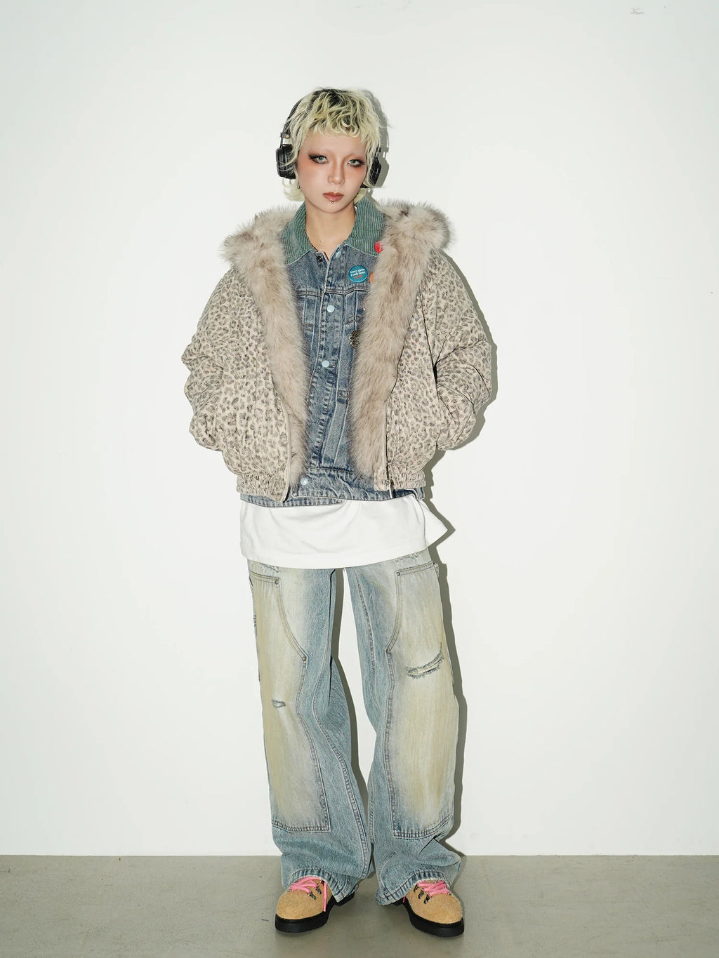 Leopard hoodie fur jacket FB7562